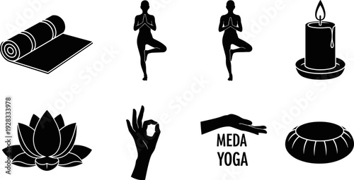 Collection of yoga and meditation icons including a rolled mat, tree pose, lotus flower, and candle