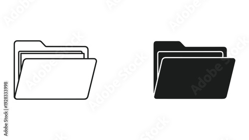 Folder Icon Set: Open File Folder Symbol, Line Art and Solid Silhouette