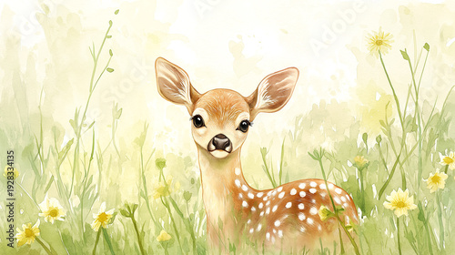 Watercolor illustration showing a deer fawn standing in a meadow filled with grass and flowers during the daytime