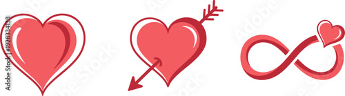 Collection of three red heart icons representing love, romance, and eternal affection