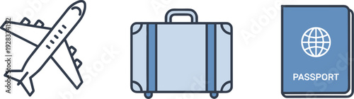 Minimal travel icons set showing airplane, carry-on suitcase and passport on white background