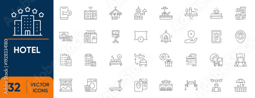 Hotel Services Icon Set. Containing Luxury Hospitality, accommodation, room, facilities, booking, luxury, service and more. Editable vector Line icons collection.
