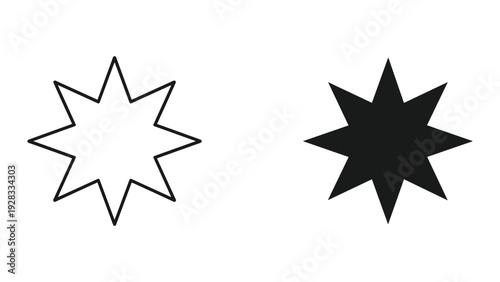 Eight Pointed Star Icons: Outline and Solid Black Shapes on White Background
