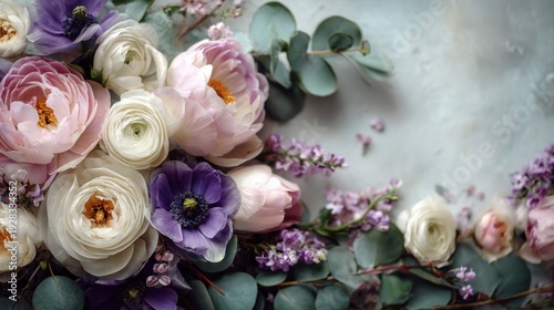 Spring floral border with pastel pink peonies, white ranunculus, and purple anemones on a textured background.