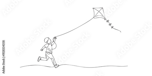 One line drawing of a child running while flying a kite. Hand drawn continuous line expressing freedom, joy, imagination, and playful childhood moments.