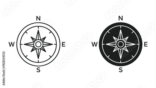 Two Compass Rose Icons, Line Art and Silhouette, Showing Directions