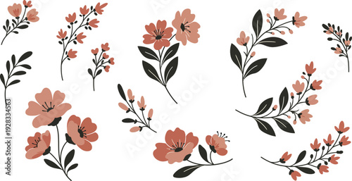Abstract floral background design featuring red and white flowers with a seamless nature pattern of leaves, branches, and butterflies for a vintage summer wallpaper illustration