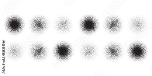 PrintHalftone gradient circles collection. Dots textured round patterns. Cartoon comic radial faded background set. Abstract pixelated elements for frame, poster, collage, banner, flyer. Vector bundle