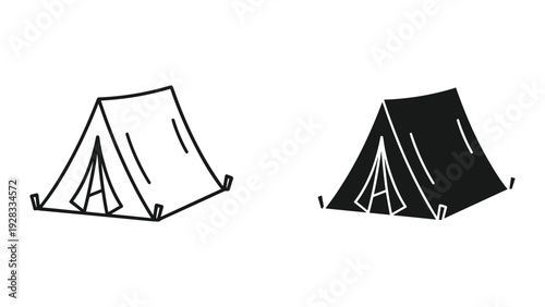 Set of two simple tent icons, outline and solid fill, isolated on white.