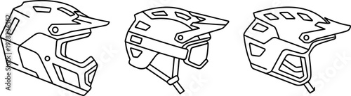 Collection of three modern downhill mountain bike helmets in a clean line art style