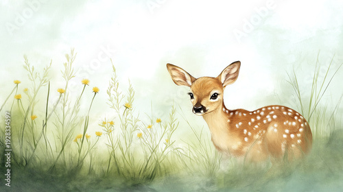 Watercolor illustration shows deer fawn in meadow surrounded by grass and flowers during daylight