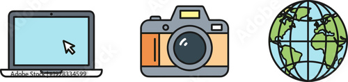 Icons of a laptop, camera, and globe representing digital media, photography, and global reach
