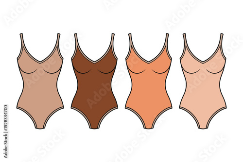 A set of bodysuits in different skin tones for illustration purposes