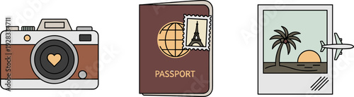 Travel essentials icons: vintage camera, passport cover, sunset polaroid and airplane illustration