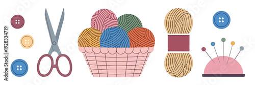 Sewing tools and colorful yarn balls
