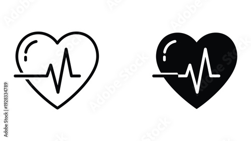 Heartbeat Pulse Line Graph Icon Set: Black and White Outline and Solid