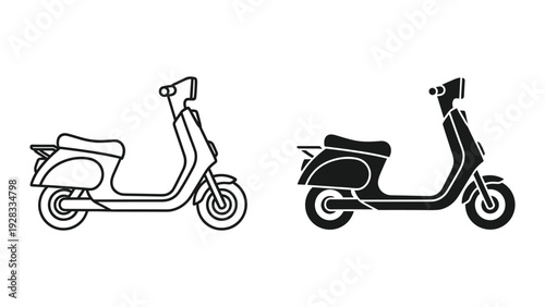 Scooter Icon Set: Outline and Silhouette of Vintage Motor Scooter