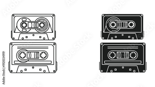 Retro audio cassette tape icons, black and white outlines and solid fill
