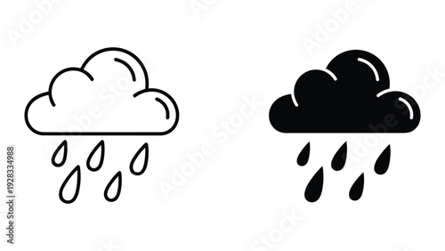 Cloud with Raindrops Icon Set - Line Art and Silhouette