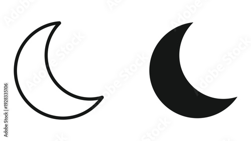 Crescent Moon Icon and Silhouette Isolated on White Background