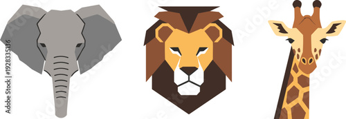 Geometric safari animals: elephant, lion, and giraffe heads in a minimalist style