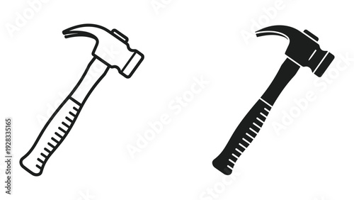 Claw Hammer Icon Set: Line Art and Silhouette - Tools, DIY, Construction