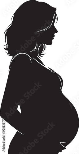 Pregnant Woman Silhouette Profile View Holding Belly Black and White
