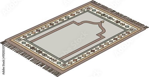 Traditional Islamic prayer mat with a detailed geometric pattern and fringed edges, rendered in a flat illustration style. Neutral earth tones create a serene and spiritual mood.