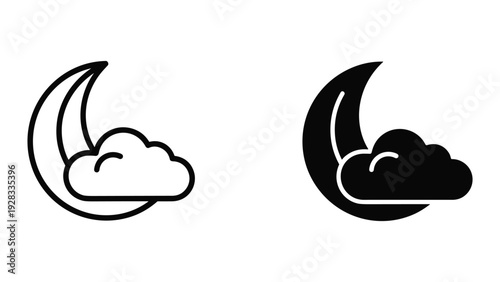 Crescent Moon and Cloud Icons - Night Sky Weather Symbols