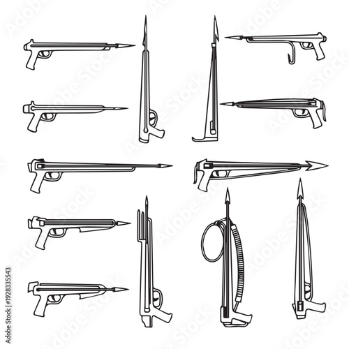 Speargun Collection Vector Line Art Underwater Hunting Equipment Icons Water Sports Gear