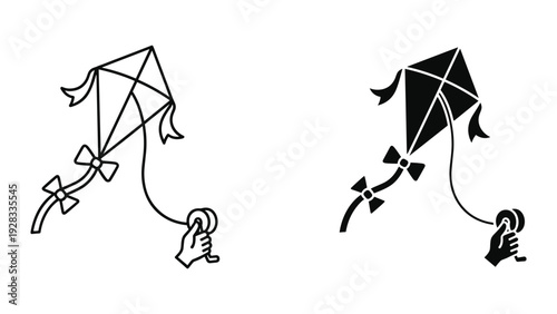 Kite Flying Icons: Line Art and Silhouette of Hand Holding Kite String