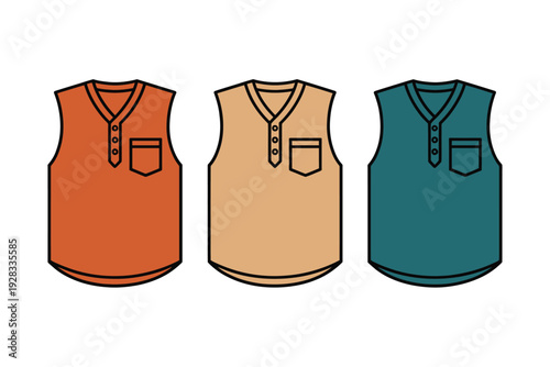 Vest clothing vector illustration of three colorful sleeveless shirts with pockets