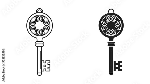 Vintage Key Outline and Silhouette, Ornate Skeleton Key Icons