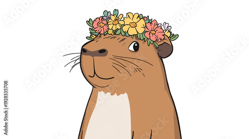 Cartoon capybara wears flower crown and looks happy in a bright setting enjoying nature in a whimsical style