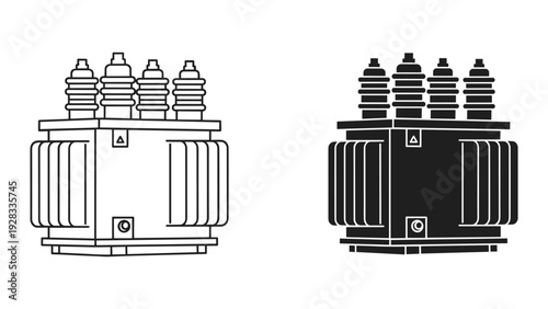 Electrical Transformer Icon Set: Line Art and Silhouette