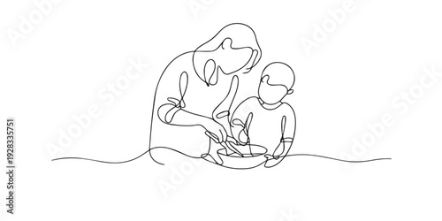 One line drawing of a parent and child cooking together. Hand drawn continuous line showing family bonding, learning, warmth, and home kitchen moments.
