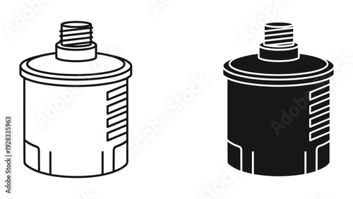 Oil Filter Icon Set: Black and White Line Art and Silhouette