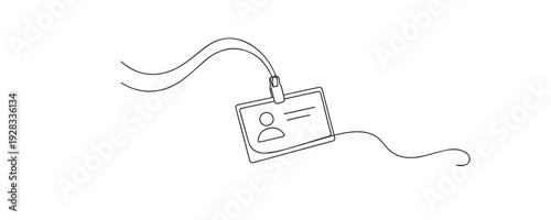 One line drawing of an identification card hanging on a lanyard. Hand drawn continuous line representing identity, access, security, office, and professional use.