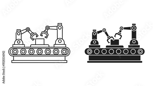 Robotic Arms on Conveyor Belt Manufacturing Line Icon