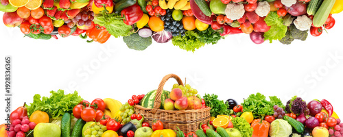 Panorama of fresh fruits and vegetables useful for health isolated on white b...