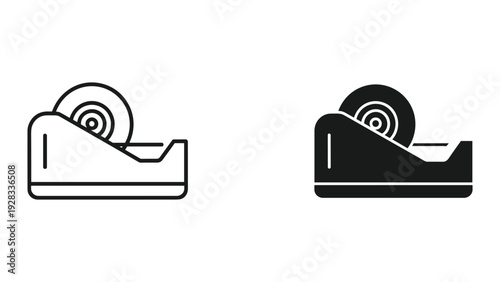 Tape Dispenser Icons: Line and Solid Fill Black and White Illustrations