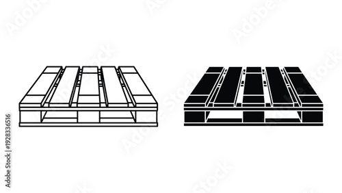 Vector Icon Set: Wooden Shipping Pallets, Line Art and Silhouette