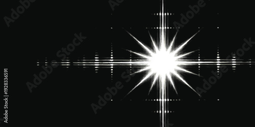 Abstract brilliant white glowing starburst with cinematic lens flare and light rays on black background vector illustration