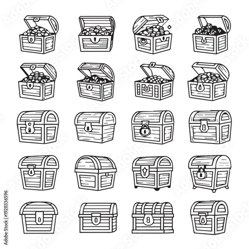 Treasure Chests Collection Open and Closed Filled with Coins Vector Icons