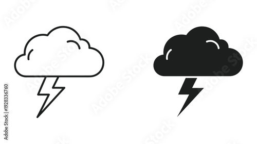 Cloud with lightning bolt icon set, line art and silhouette styles