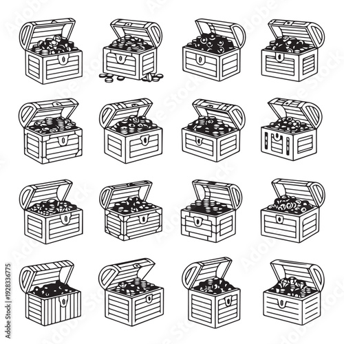 Treasure Chests Filled With Coins Collection Various Styles Black and White Icons