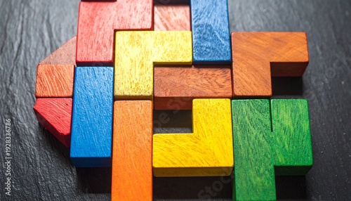 Colorful wooden puzzle blocks arranged in Tetris-like grid on dark wooden surface, geometric composition symbolizing play, design, and spatial reasoning.