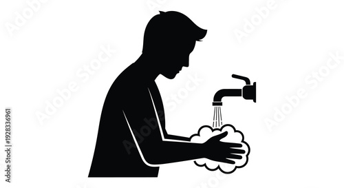 A man washing hands under a faucet depicted in black silhouette