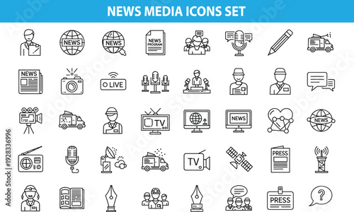 News media icons set, journalism broadcasting symbols, reporter equipment, TV radio press tools, breaking news, communication line illustration collection