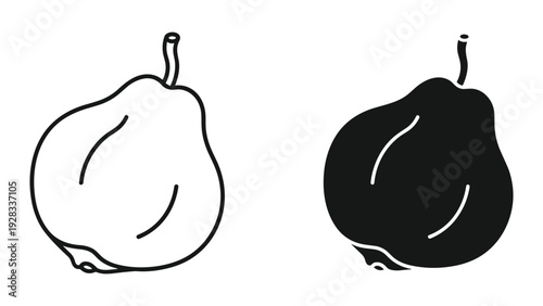 Pear Silhouette and Outline Icon Pair, Vector Illustration